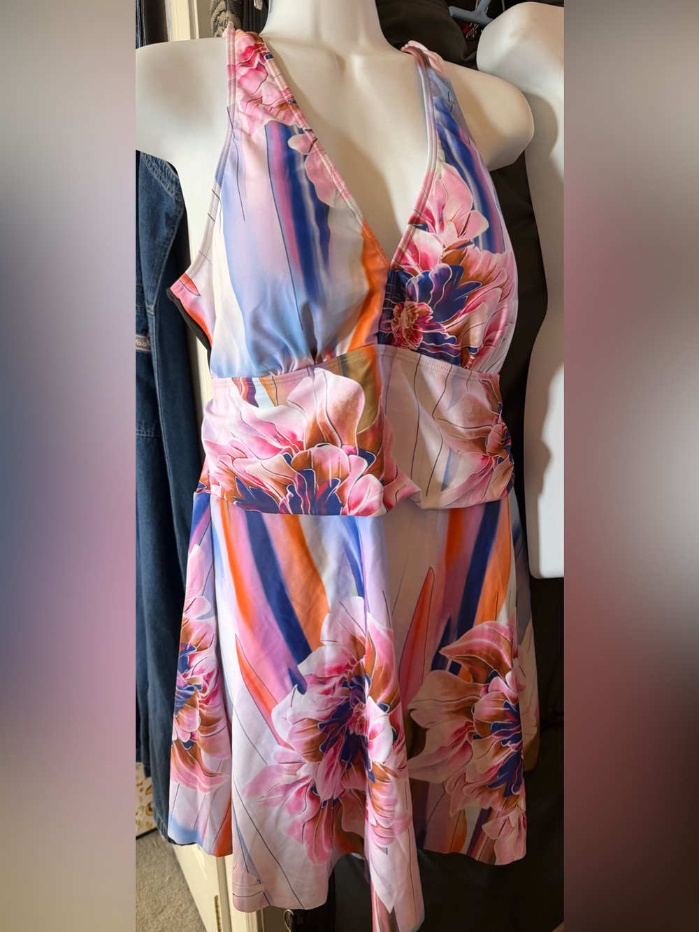 Floral V-Neck Swimsuit dress in Pink, Blue & Orange